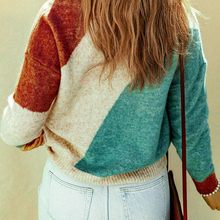 Women's Colorblock Round Neck Pullover Loose Long Sleeve Knitted Sweater
