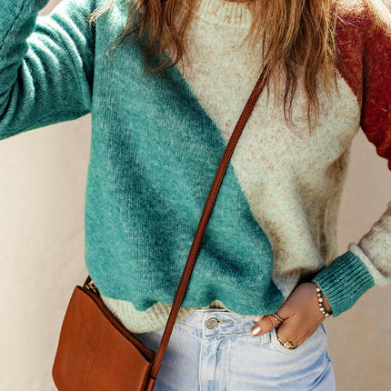 Women's Colorblock Round Neck Pullover Loose Long Sleeve Knitted Sweater