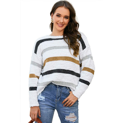 Women's Round Neck Striped Colorblock Pullover Top Long Sleeve Casual Sweater