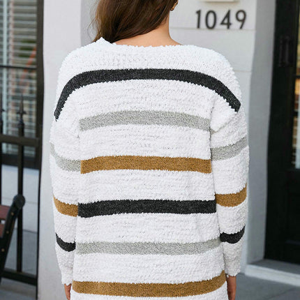 Women's Round Neck Striped Colorblock Pullover Top Long Sleeve Casual Sweater