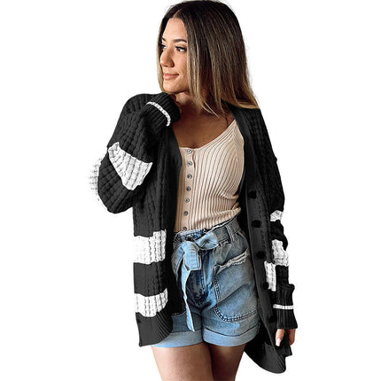 Women's Ribbed Knit Cardigan Contrast Color Buttons Warm Long Sleeve Cardigan