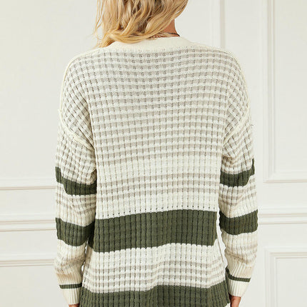 Women's Ribbed Knit Cardigan Contrast Color Buttons Warm Long Sleeve Cardigan