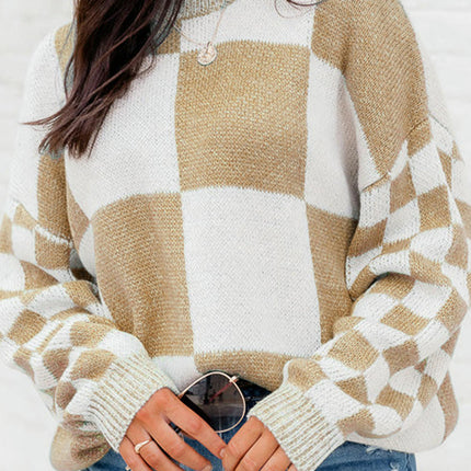Plaid Print Long Sleeve Knit Top Women's Casual Pullover Round Neck Sweater