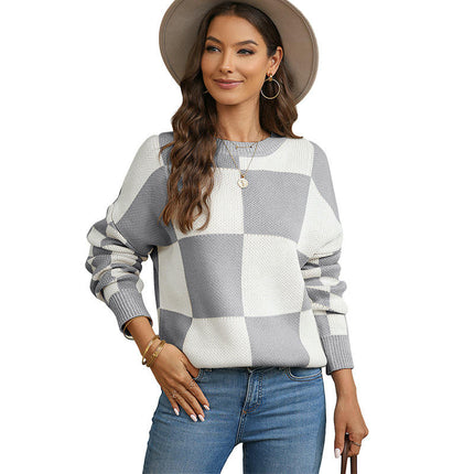 Plaid Print Long Sleeve Knit Top Women's Casual Pullover Round Neck Sweater