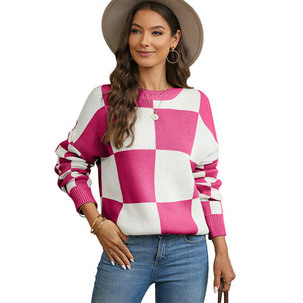 Plaid Print Long Sleeve Knit Top Women's Casual Pullover Round Neck Sweater