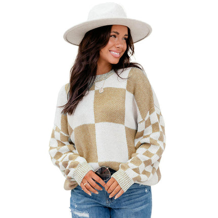 Plaid Print Long Sleeve Knit Top Women's Casual Pullover Round Neck Sweater