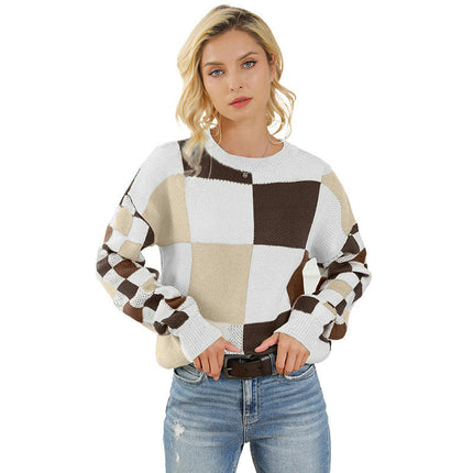Plaid Print Long Sleeve Knit Top Women's Casual Pullover Round Neck Sweater