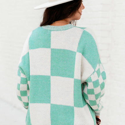 Plaid Print Long Sleeve Knit Top Women's Casual Pullover Round Neck Sweater