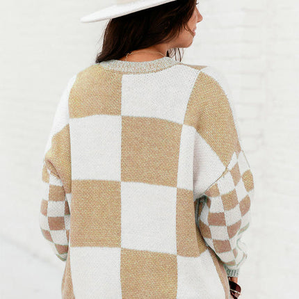 Plaid Print Long Sleeve Knit Top Women's Casual Pullover Round Neck Sweater