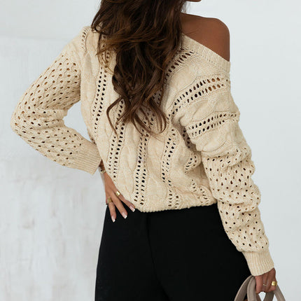 Women's Hollow Pullover Sweater Solid Color Round Neck Lazy Knitted Cardigan