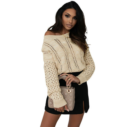 Women's Hollow Pullover Sweater Solid Color Round Neck Lazy Knitted Cardigan