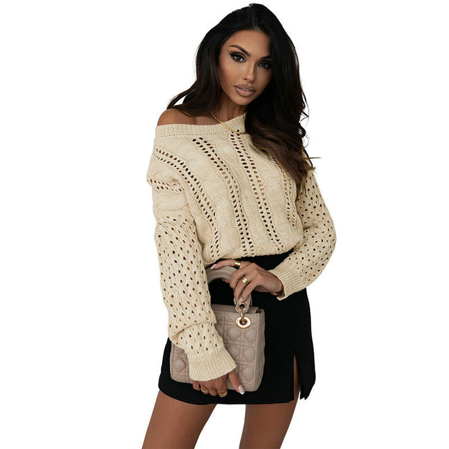 Women's Hollow Pullover Sweater Solid Color Round Neck Lazy Knitted Cardigan
