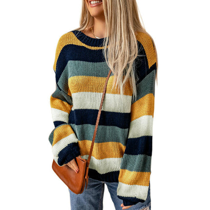 Women's Contrast Striped Knitted Sweater Casual Long-sleeved Round Neck Pullover