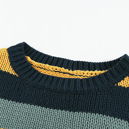 Women's Contrast Striped Knitted Sweater Casual Long-sleeved Round Neck Pullover