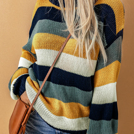 Women's Contrast Striped Knitted Sweater Casual Long-sleeved Round Neck Pullover