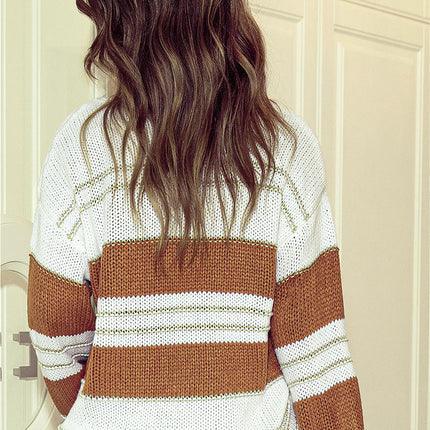 Womens Striped Lazy Pullover Sweater Casual Contrast Color Loose Long Sleeve Top