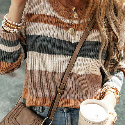 Women's Crew Neck Sweater Striped Contrast Stitching Long Sleeve Knitted Top