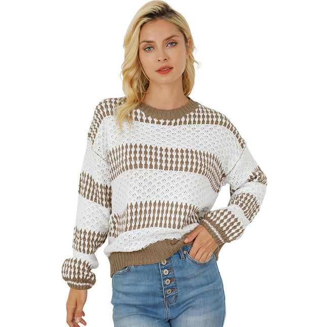 Striped Pullover Sweater Women's Casual Round Neck Contrast Color Knitted Top