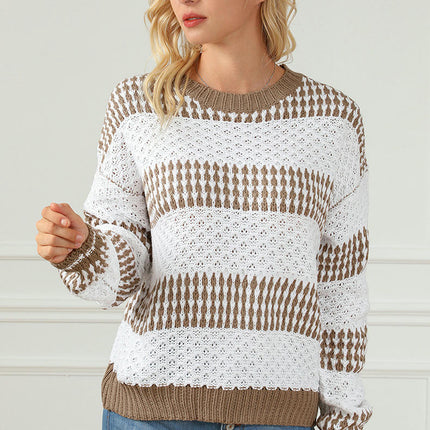Striped Pullover Sweater Women's Casual Round Neck Contrast Color Knitted Top