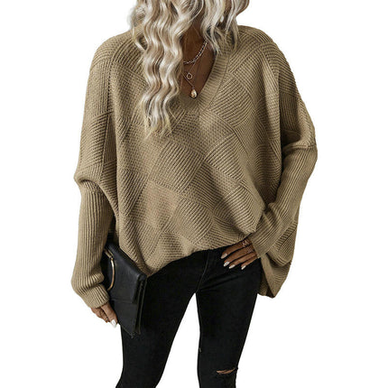 Solid Color Bat Sleeve Pullover Women Loose Large Size Knitted Textured Sweater