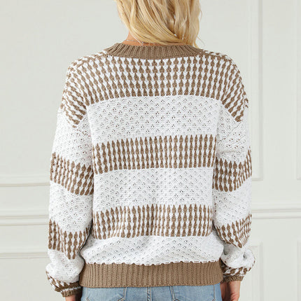 Striped Pullover Sweater Women's Casual Round Neck Contrast Color Knitted Top