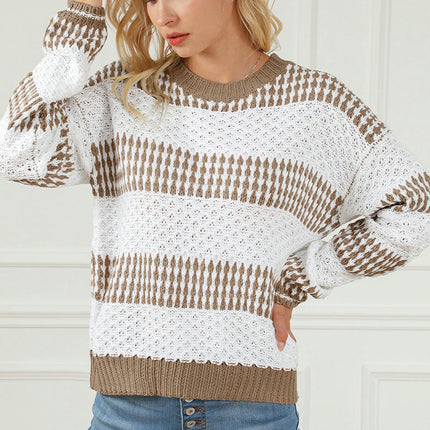 Striped Pullover Sweater Women's Casual Round Neck Contrast Color Knitted Top