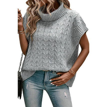 Women's Turtleneck Cap Sleeve Sweater Vest Pullover Loose Oversized Knitwear
