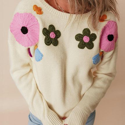 Round Neck Long Sleeve Knitted Top Women Fashion Floral Embroidery Sweater