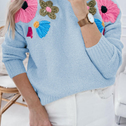 Round Neck Long Sleeve Knitted Top Women Fashion Floral Embroidery Sweater