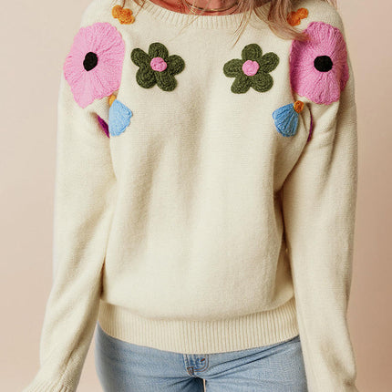 Round Neck Long Sleeve Knitted Top Women Fashion Floral Embroidery Sweater