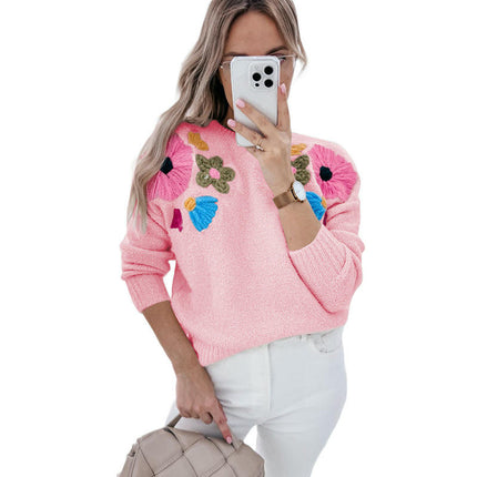 Round Neck Long Sleeve Knitted Top Women Fashion Floral Embroidery Sweater