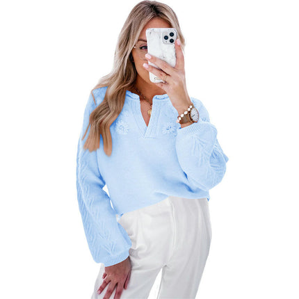 Women's Solid Color V-Neck Pullover Sweater Loose Knitted Long Sleeve Top