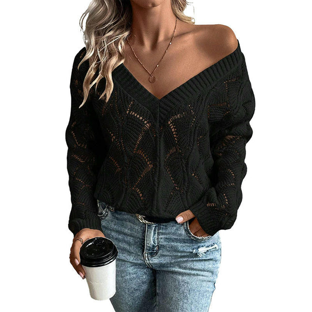 Solid Color Hollow Knitted Pullover for Women, All-match Warm V-Neck Sweater