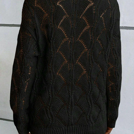 Solid Color Hollow Knitted Pullover for Women, All-match Warm V-Neck Sweater