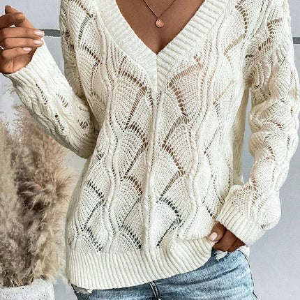 Solid Color Hollow Knitted Pullover for Women, All-match Warm V-Neck Sweater