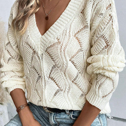 Solid Color Hollow Knitted Pullover for Women, All-match Warm V-Neck Sweater