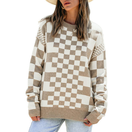 Plaid Printed Round Neck Pullover Womens Long Sleeve Casual Warm Knitted Sweater
