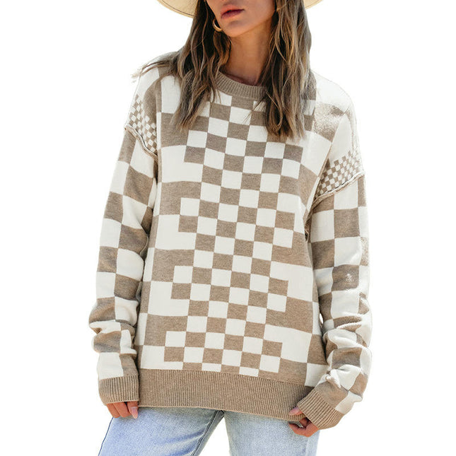 Plaid Printed Round Neck Pullover Womens Long Sleeve Casual Warm Knitted Sweater