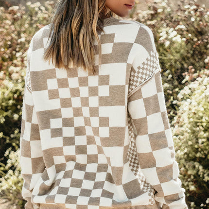 Plaid Printed Round Neck Pullover Womens Long Sleeve Casual Warm Knitted Sweater