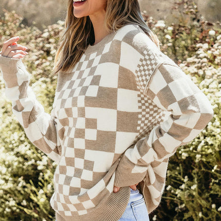 Plaid Printed Round Neck Pullover Womens Long Sleeve Casual Warm Knitted Sweater