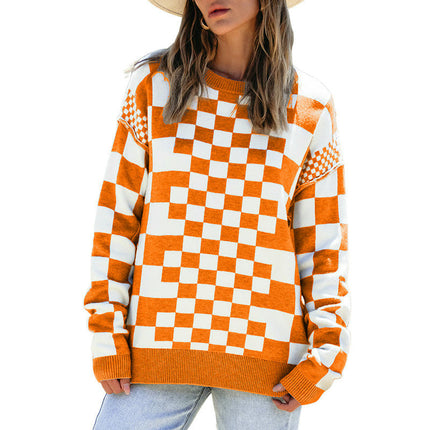 Plaid Printed Round Neck Pullover Womens Long Sleeve Casual Warm Knitted Sweater