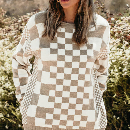 Plaid Printed Round Neck Pullover Womens Long Sleeve Casual Warm Knitted Sweater