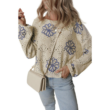 Floral Print Short Sweater Women Fashion Hollow Drop Shoulder Knit Cardigan