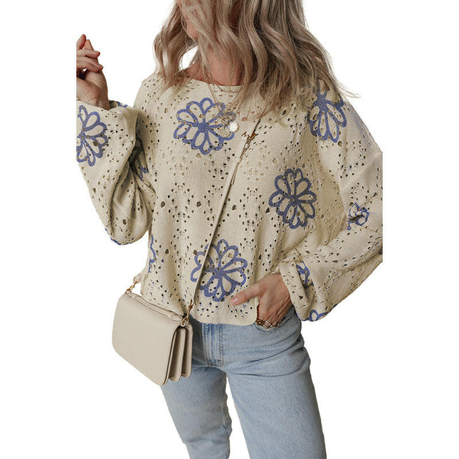 Floral Print Short Sweater Women Fashion Hollow Drop Shoulder Knit Cardigan