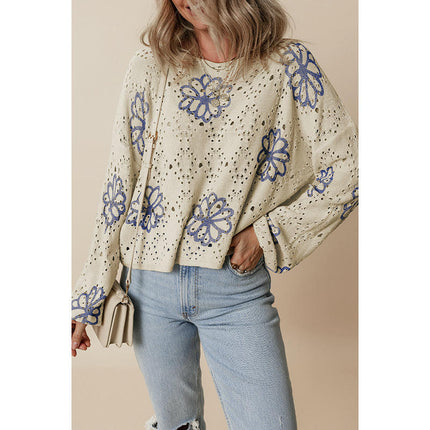 Floral Print Short Sweater Women Fashion Hollow Drop Shoulder Knit Cardigan