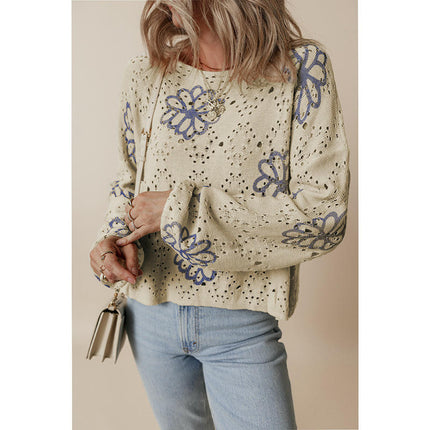 Floral Print Short Sweater Women Fashion Hollow Drop Shoulder Knit Cardigan
