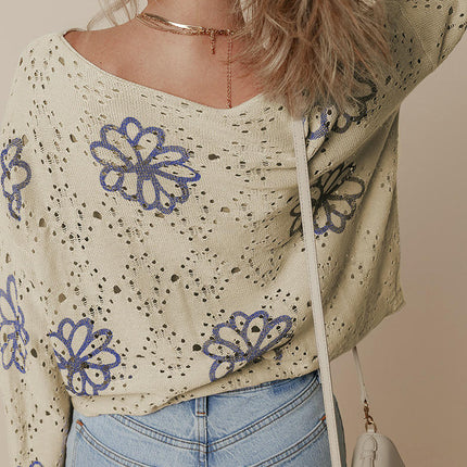 Floral Print Short Sweater Women Fashion Hollow Drop Shoulder Knit Cardigan