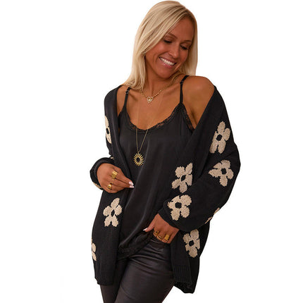 Floral Print Knitted Cardigan Women's Casual Loose Mid-Length Cardigan Sweater