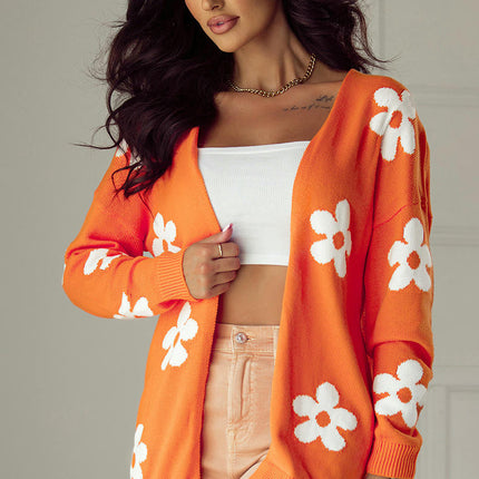 Floral Print Knitted Cardigan Women's Casual Loose Mid-Length Cardigan Sweater