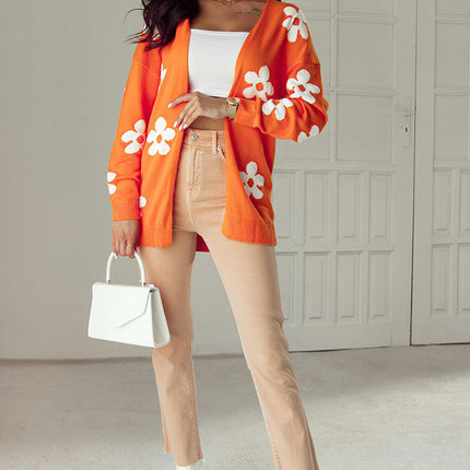 Floral Print Knitted Cardigan Women's Casual Loose Mid-Length Cardigan Sweater
